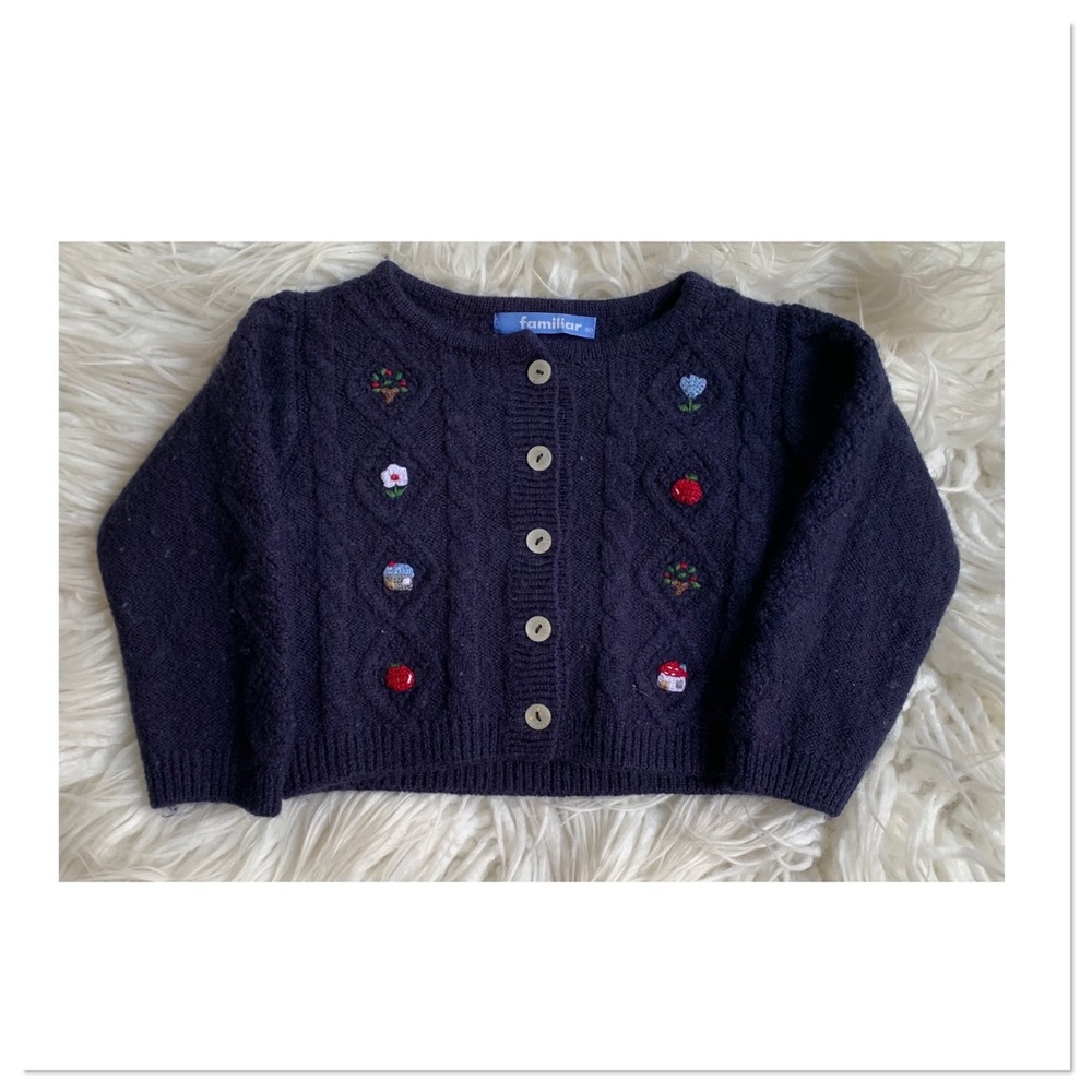 FAMILIAR Cable Knit Embroidered Button Up Cardigan Sweater Blue Red 18M